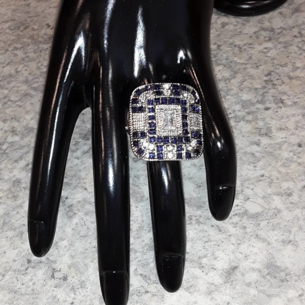 Emerald Cut Ring Sz 6 Crystal & Sapphire Cocktail Ring NIB